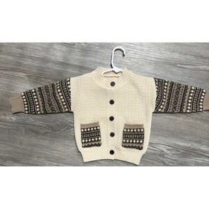 Kids Knit Cardigan Sweater Fair Isle Pockets Cream Brown‎ Size 90